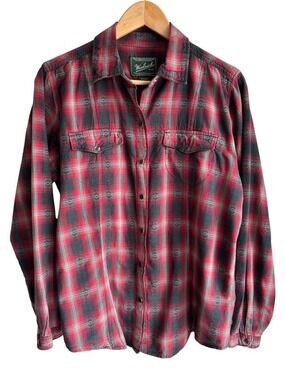 Woolrich Plaid Pearl Snap Shirt Womens L Red Grey 100% Cotton Flannel Outdoor